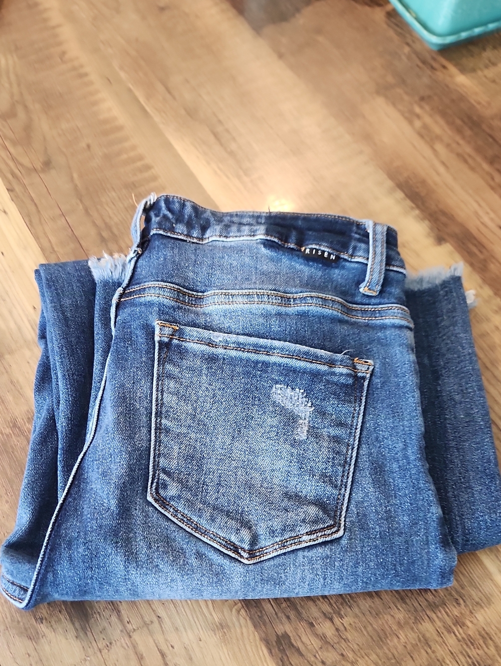 Risen Distressed Wide Leg Blue Jeans with Frayed Hem